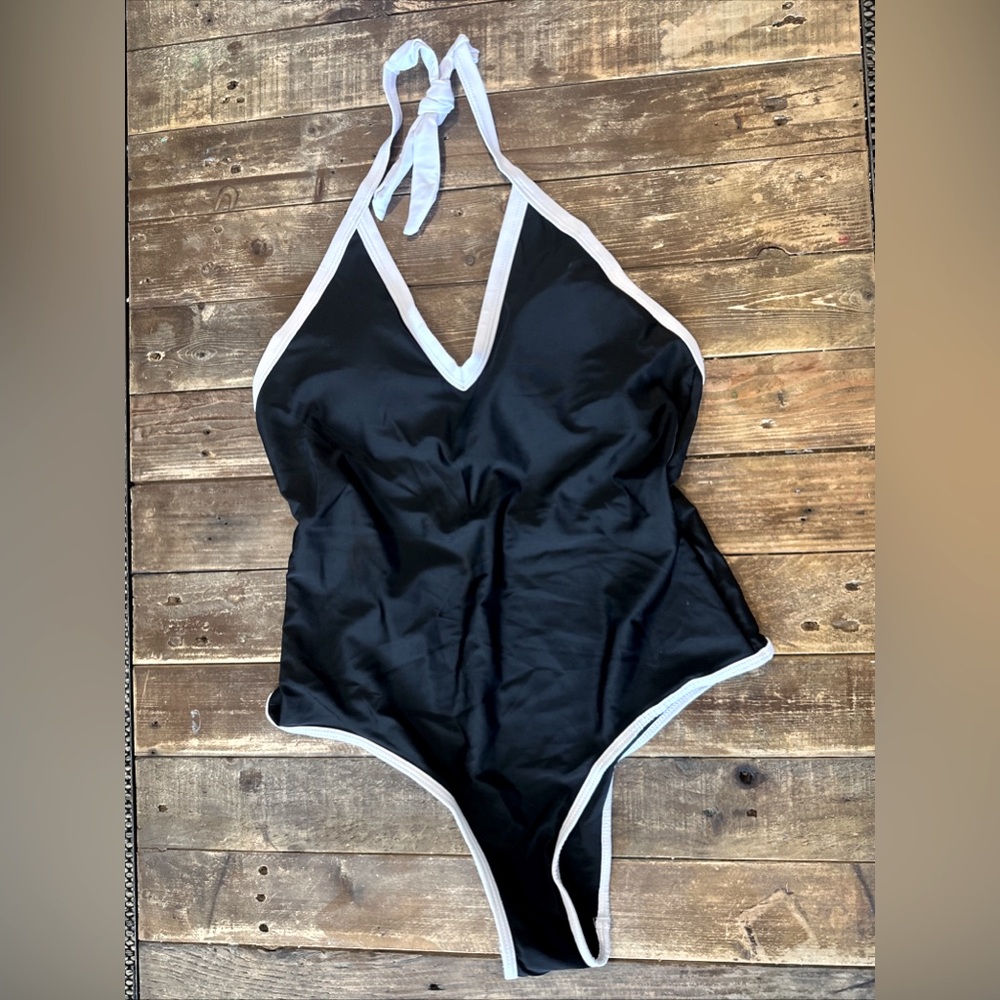 Black With White Trim One Piece Halter Bathing Suit Unbranded NWOT
